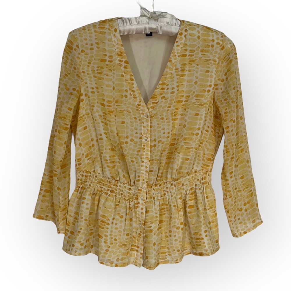 Banana Republic Yellow Blouse Flowy Peplum Sheer Sleeve V-Neck Career Sz XXS